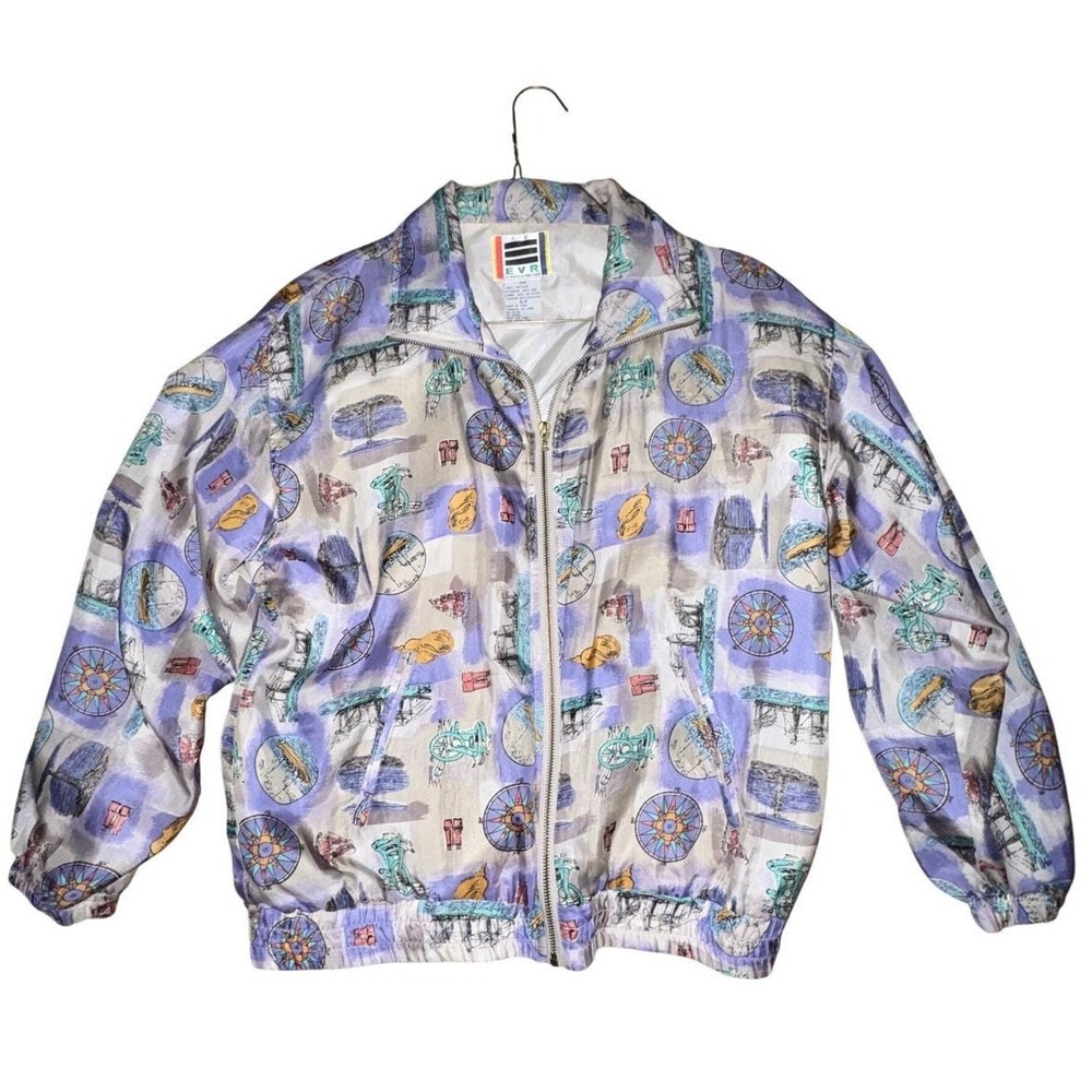 Vintage EVR 100% Silk Nautical Print Bomber Jacket Purple Blue Small Petite